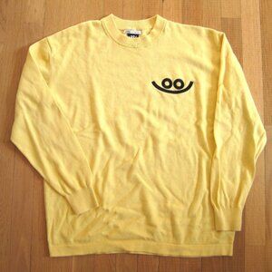 ZARA DIAZ FAES Sweater Smiley Face Size L Crew Neck Knit Yellow Pullover FLAW